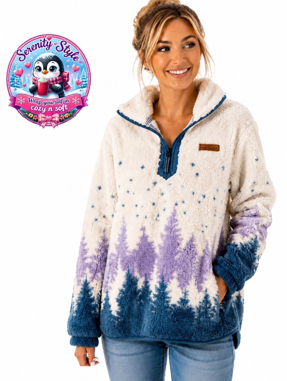 Simply Southern Sherpa Pullover Large Forest Print Quarter Zip Fleece NWT